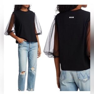 MSGM Tulle Mesh Puff 3/4 Sleeve Tee Shirt.